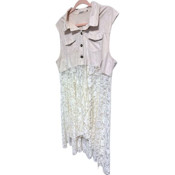 ORIGAMI Ivory White BOHO Western Sleeveless Cardigan Duster Suede & Lace Vest 2X - Picture 8 of 15